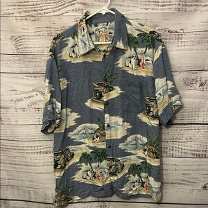 Vintage Big Dogs Blue and Cream Surf Print Shirt size large